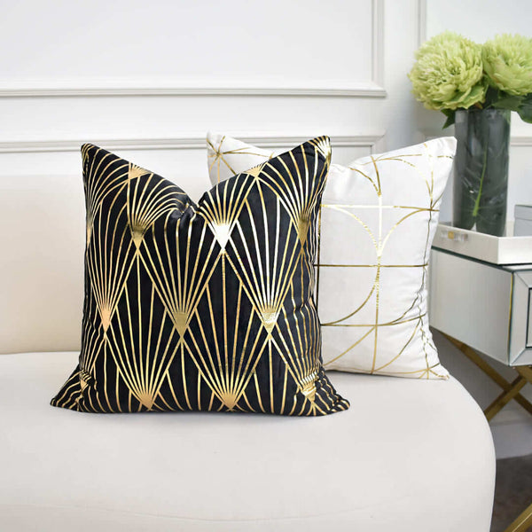 Black velvet cushion base with gold modern Art Deco details inspired by the Empire State Building.