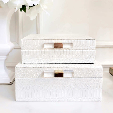 White faux leather boxes in two sizes great as vanity organiser bedroom storage box.