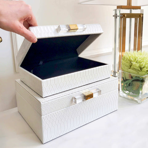 Empire White Gold Leather Boxes in Faux Snakeskin Table Decor in Modern Living Room Design.