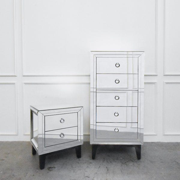 Etienne 5-Drawer Mirrored Chest of Drawers with Etienne 2-Drawer Mirrored Nightstand cum Side Table Set in a sleek and minimalistic style.