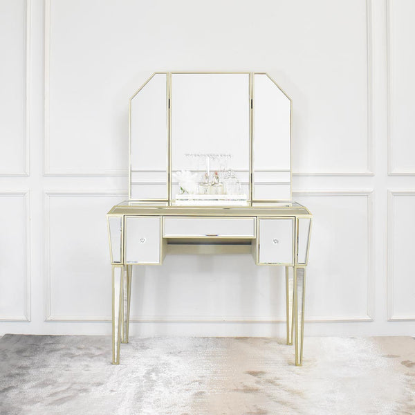 Style this classic vanity set up with a jewelry rack on a marbled tray.