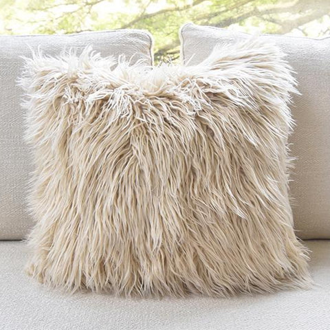 Oat beige Furfur square cushion, faux acyrlic fur.