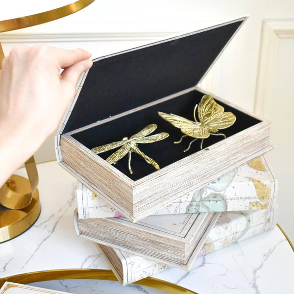 Gold insect decor sculpture inside Fenske book box with the lid opened.