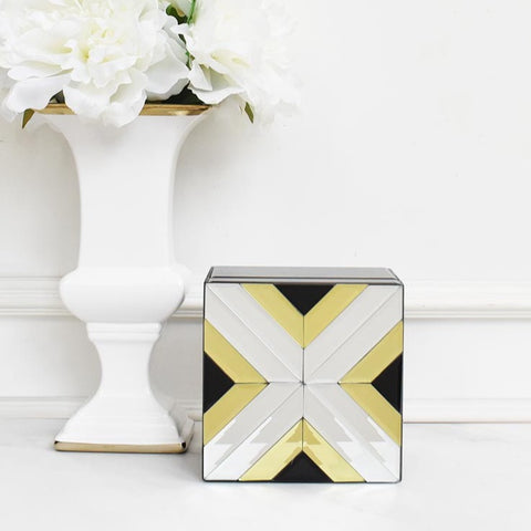 Galaxy Jewellery Trinket Box, Mirrored Black Gold Geometric. Luxe up easily by adding this mirrored box to any table for a touch of glamour.