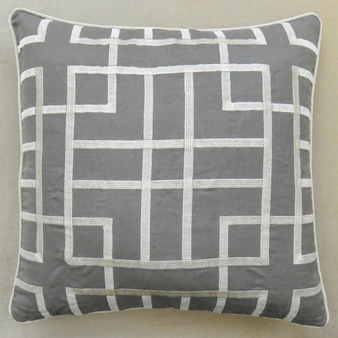 GlucksteinHome Tate Cushion, Embroidery Geometric Linen Grey.