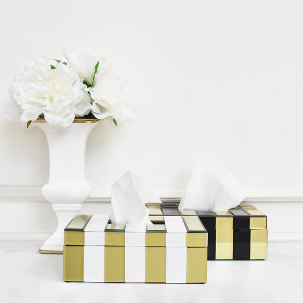 Kassie tissue box collection, available in black and gold, white and gold striped combination.
