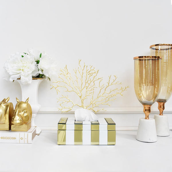 A contrast of brass rustic textured coral reef decor against the White gold trinket box.
