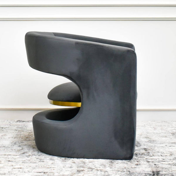 Side view of the Leedon chair, Smooth Grey Velvet upholstery for a luxurious feel.