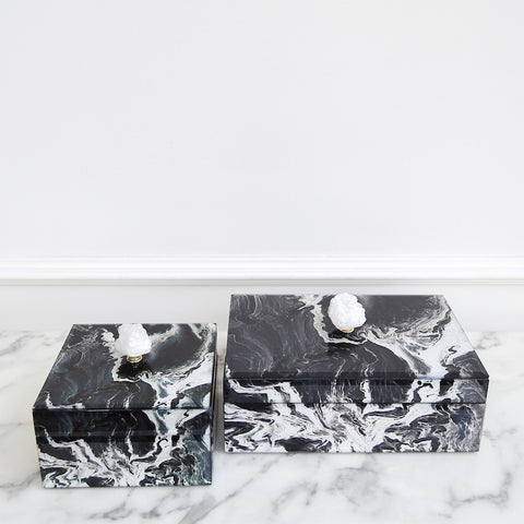 Rectangular and square trinket boxes with glass and natural marbled swirls and patterns.
