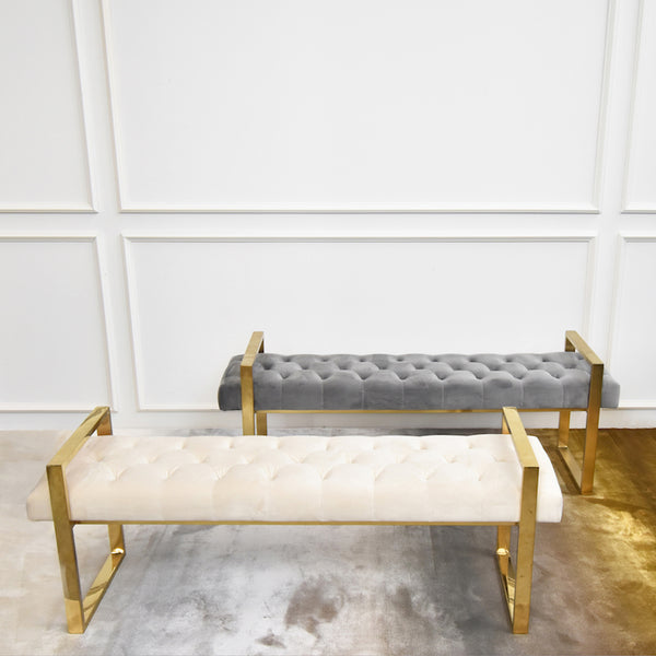 Available in Grey Velvet and Ivory Velvet, Perfect as a dining bench, living luxurious centerpiece, or bedroom glamor bench.