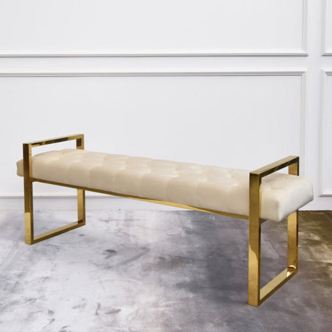 Lisse Gold Bench, Tufted Ivory Cream Velvet seats, with polished stainless steel gold frames.