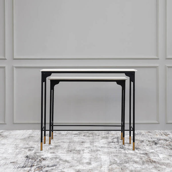 Luca Nesting Console Tables, White Marble Black Metal Legs.
