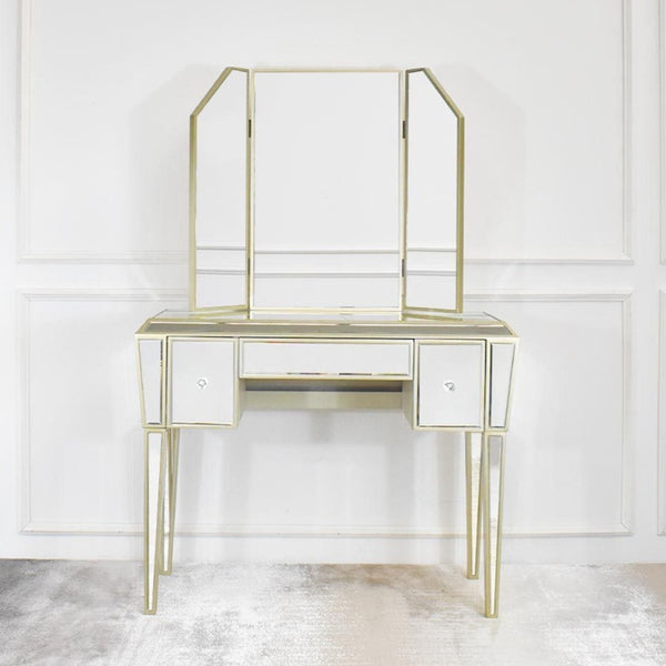 Marcie Mirrored Dressing Table, 3-Drawer Petite Vanity with Foldable Mirror.