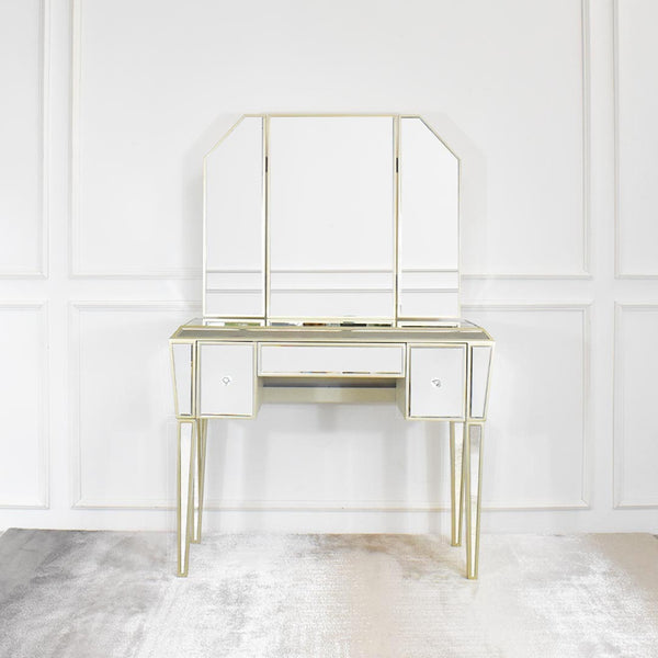 Front view of the Marcie dresser table, with foldable tri-fold mirrors.