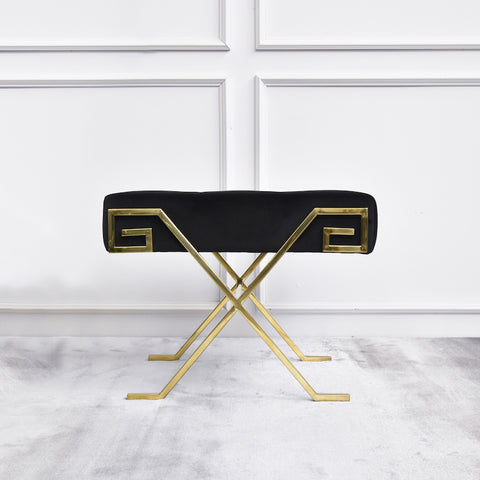 The Marq Stool features Lush Black Velvet seats and Polished stainless steel gold legs with a Greek Key design at the sides of the seat. A timeless and classic look for your vanity table or living room.