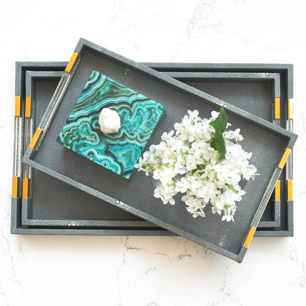 Merce Grey Leather Tray With Acrylic handles and gold edge. 