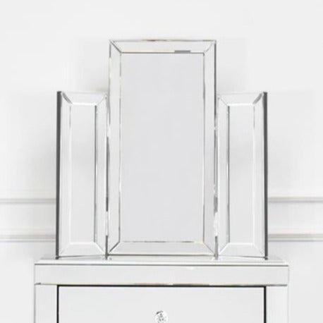 Lea Vanity 2-Fold Mirror, Standalone Mirror on Lilou Petite Mirrored Vanity Dresser in Minimalist Modern Bedroom Design.