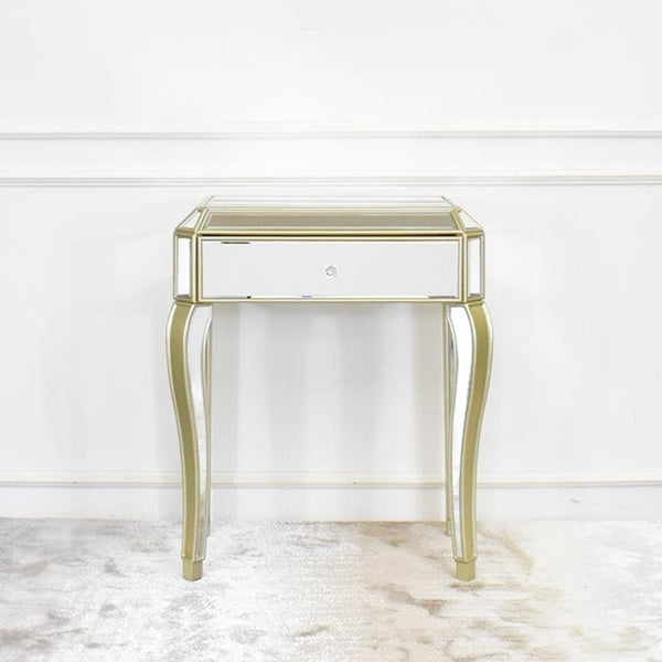 Mirrored one drawer dressing table with hand painted champagne gold details for a softer and elegant princess look.