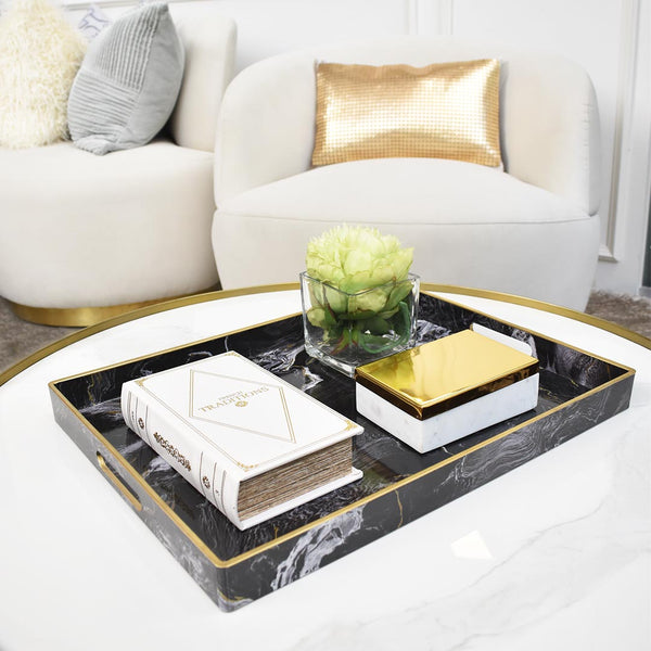 Peony Lime Flower in square vase on Leto rectangle tray on coffee table.