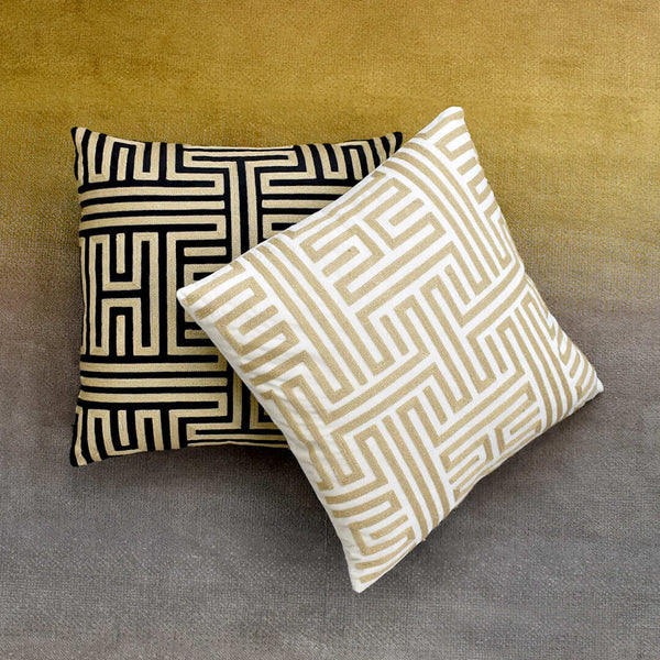 Muse white and gold, Black and gold embroidery throw pillows. Available in two distinct colorways for a monochromatic contrast home styling or timeless neutral color palette.