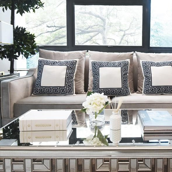 White and blue living room design by award-winning interior designer is now on display at Singapore designer furniture shop.