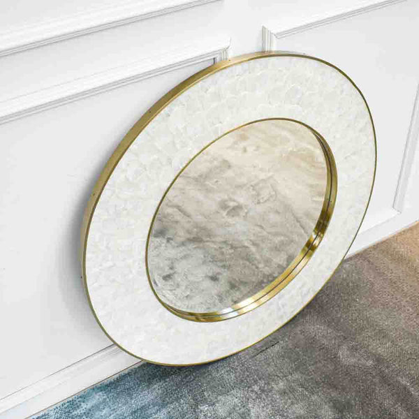 Top view of Nacre mirror, hand crafted mother-of-pearl shells on mirror frame for a modern vintage look and feel.