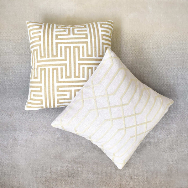 Neutral colour palette of Linen, Embroidered Cushion styles. 