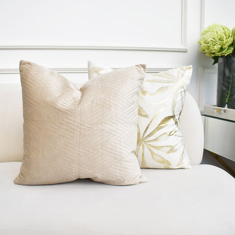 Palais Geometric Cushion, embossed lines forming an art deco pattern on the smooth creamy Beige velvet.