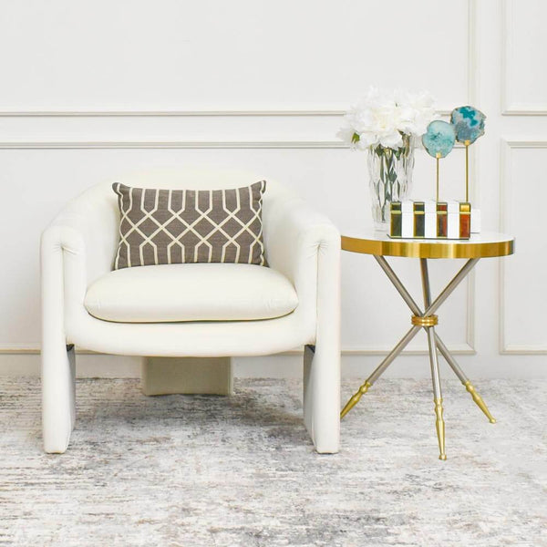 Living room ideas for armchair styling with Atticus linen boudoir cushion on Parc Velvet Armchair.