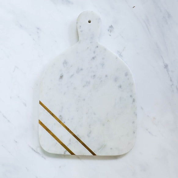 Waldorf White Marble Tray cheese board with brass inlay.