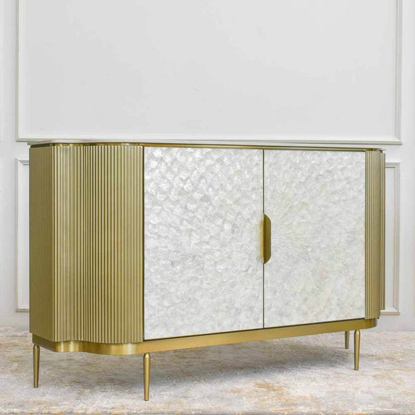 A timeless modern luxury appeal, the Perla Cabinet Collection features hand-crafted natural Mother of pearl.