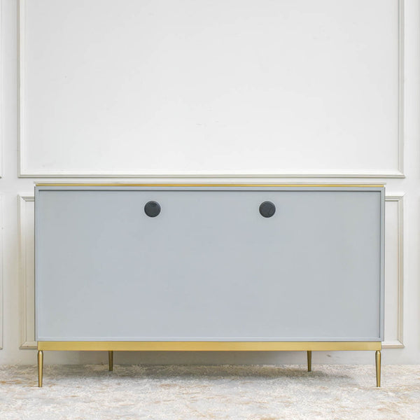 Back view of the Perla cabinet, stainless steel brushed cabinet frame and legs.