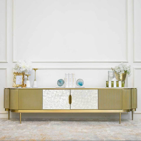 Perched atop natural white Slate table top, this Perla TV Console and cabinet exhibits the sophisticated style of this contemporary cabinet design. Styled for the modern home design, for those who are planning a home make-over or moving to a new home, don't miss out on this cabinet design.
