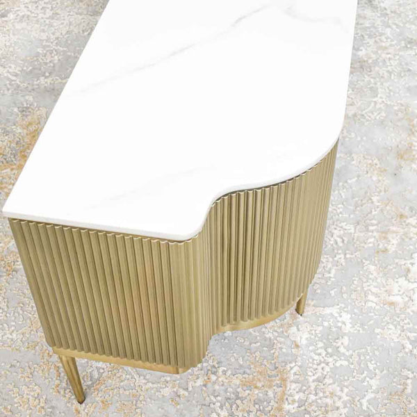 Perched atop natural white Slate table top, this Perla accent cabinet exhibits the sophisticated style of this contemporary cabinet design.