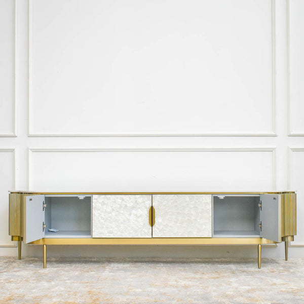 Side storage view of the TV console cabinet, separate shelvings.