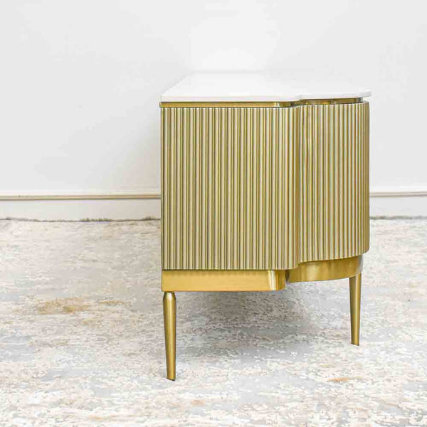 Slim side view of the Perla Console table. 