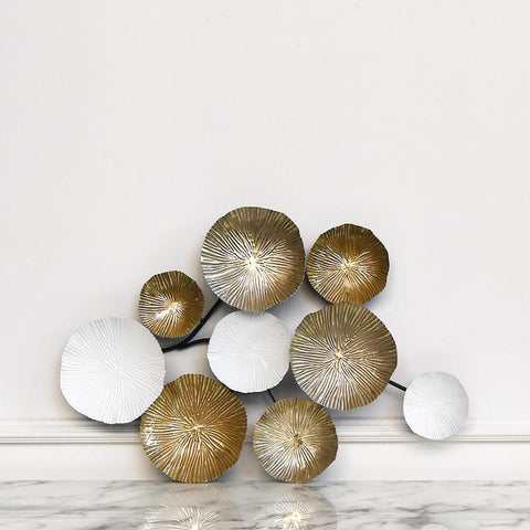 Pierpont Wall Art Decor Sculpture, Hand-painted with mixed varying hues of gold, and white and grey hues, artisans would add individually hand-painted strokes of rustic effects to different random pieces, creating a truly unique effect.