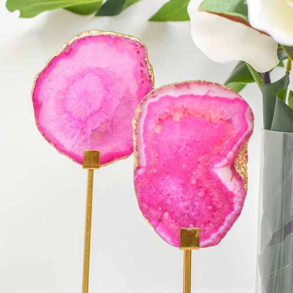 Natural stones are polished on both sides for a clean soft shine, revealing the beautiful inner layers of the Pink Agate.