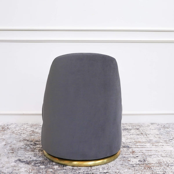 Smooth Grey velvet upholstery in a Modern swivel chair design.
