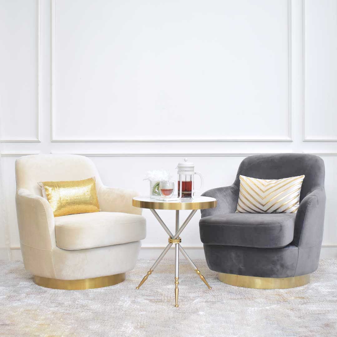 Rever Curved Armchair Collection in Cream and Grey Velvet with Gold Base, Modern Luxury Home Design.