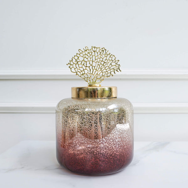 Gold Coral Glass Tinted Canister for housewarming gift and shelf decor.