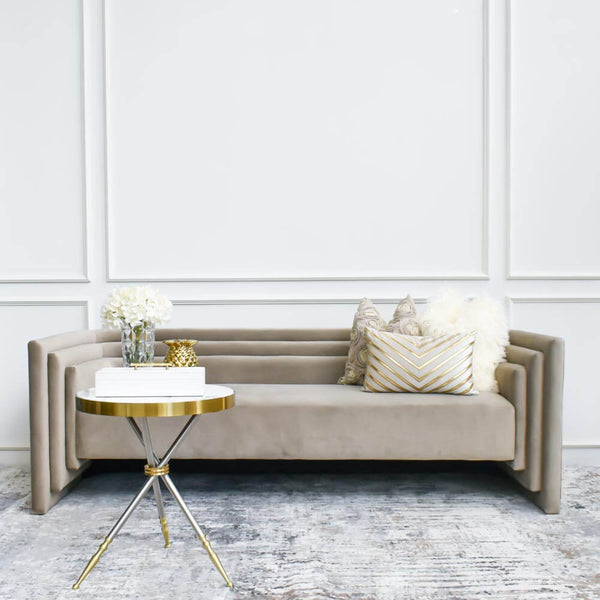 Finley floral cushions styles with the Haus Velvet Sofa, Light Bronze.