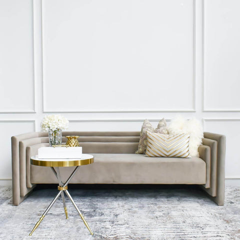 The Haus Velvet Sofa, Light Bronze, Sleek and padded minimal lines on sofa back.