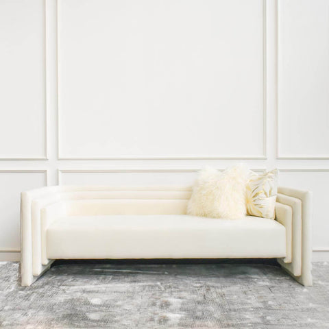The Haus Velvet Sofa, Ivory Cream, glamorous twist on a mid-century modern design,