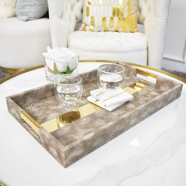Tuscan Faux Leather Tray with White Gold Coffee Table Decor Ideas.