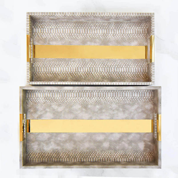 Size comparison of the Tuscan trays, snake skin in Taupe with gold band details.