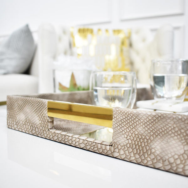 Tuscan SnakeSkin Tray in Faux Leather with Gold Handle Trim For Table Decor.