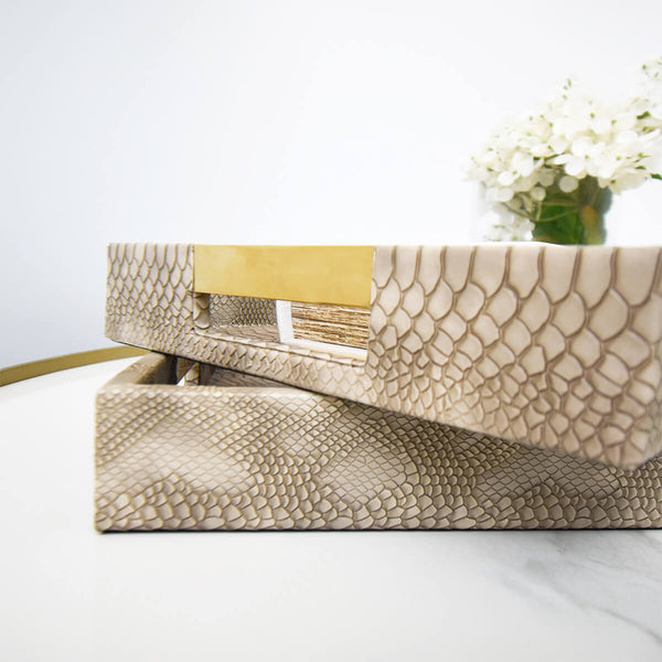 Close up look of the Tuscan snake skin tray with the Gold handles for ease of carrying.
