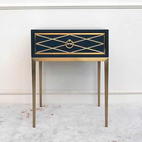 Valentino Single Drawer Navy Gold End Table, Modern Art Deco Design.