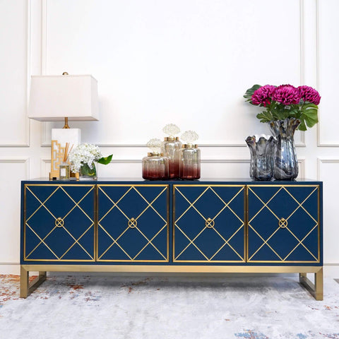 Valentino 4 Door Art Deco Cabinet Sideboard, Blue and Gold in Modern Living Room Home Design with Console Table Decor.